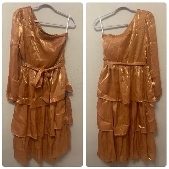 Lulus Sweet Excellence Shiny Rust Orange One-Shoulder Tiered Dress Medium NWT - Picture 3 of 15